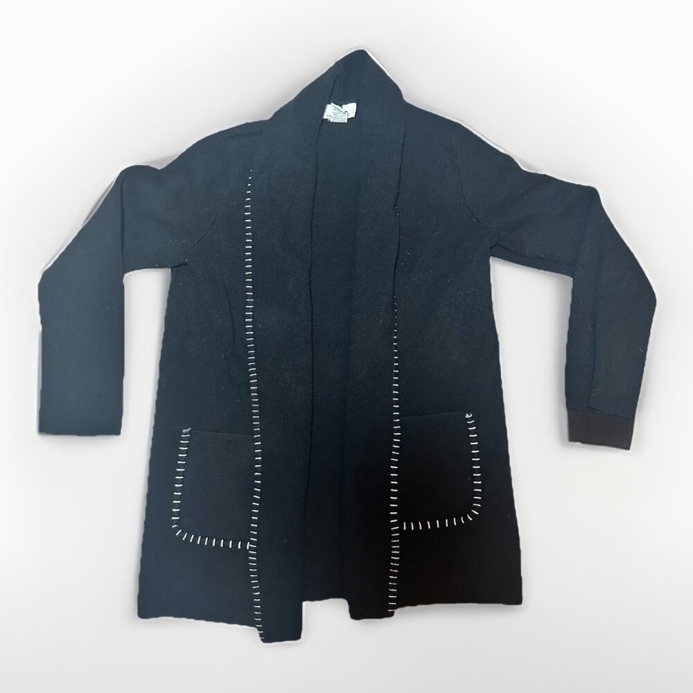 Magaschoni Sweater Women’s Large Black Cardigan White Stitch Trim Front Pockets - Picture 9 of 9